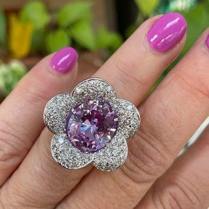 Sterling Silver Pave Ring  White & Purple Statement Cocktail Flower